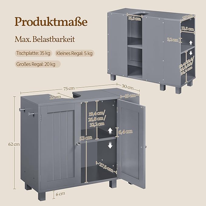 Yaheetech Waschbeckenunterschrank - Freistehend - Verstellbar - U-Öffnung - Dunkelgrau