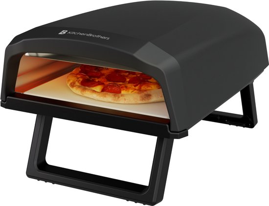 KitchenBrothers Pizzaofen - Elektrisch - Tischmodell - PFAS-frei - Zusammenklappbar - Pizzastein - Pizzabäcker - Pizzaofen für draußen und drinnen - Schwarz/Grau