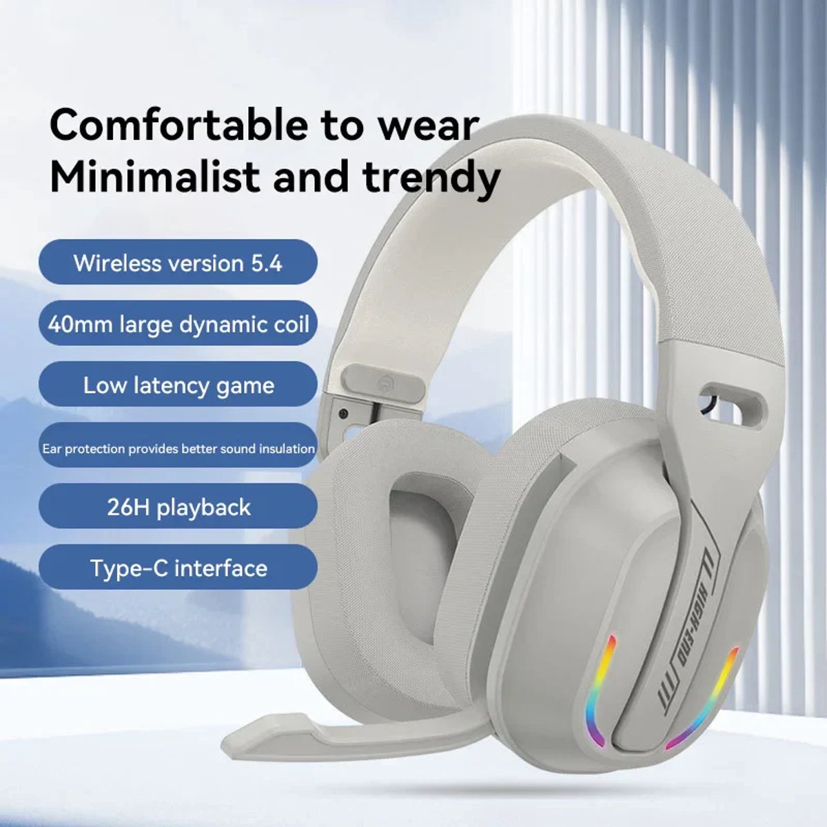 Ntech B500 Kabelloses Gaming-Headset mit Mikrofon – Bluetooth 5.4 und 2,4 GHz – RGB – Weiß