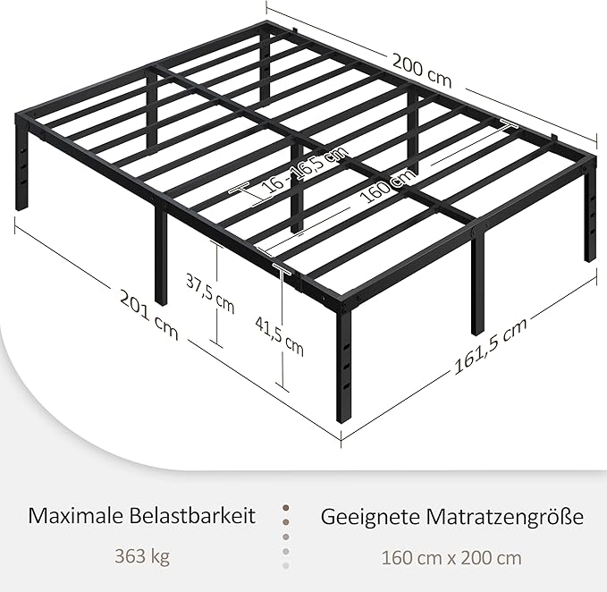 Yaheetech Metall-Bettgestell 160 x 200 cm – Schwarz – 201 x 162 x 41,5 cm – Ohne Kopf- und Fußteil