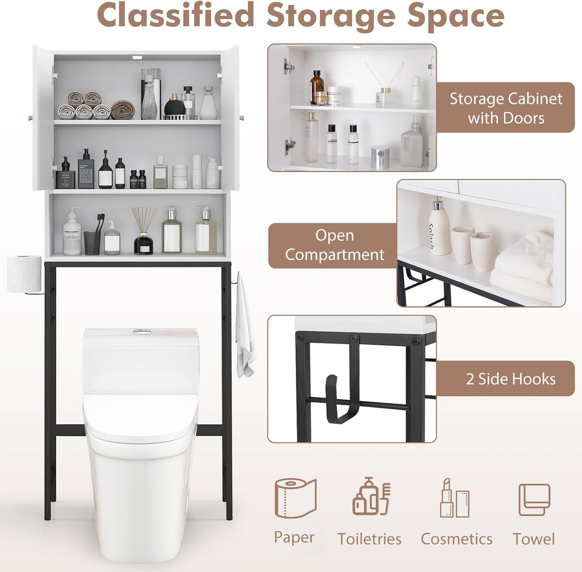 COSTWAY Freistehender Toilettenschrank - mit Ablagefächern, Türen und Haken - 63 x 23 x 165,5 cm - Weiß