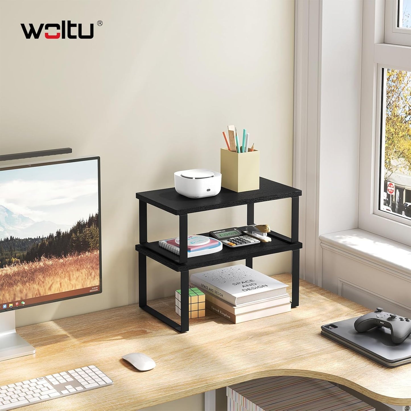 Woltu 2-teiliges stapelbares Gewürzregal – Schwarz – MDF & Metall – 34 x 19,5 x 15,5 cm