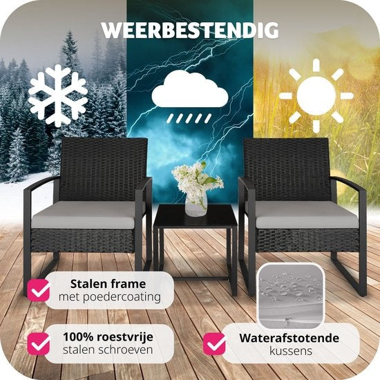 tectake - Geflechtsitzgruppe 2x Sessel mit Tisch, Balkonmöbelset, Gartenmöbel, Balkonmöbel, kleine Lounge, gepolsterte Stühle inklusive Gartentisch, wetterfest - schwarz - Poly-Rattan
