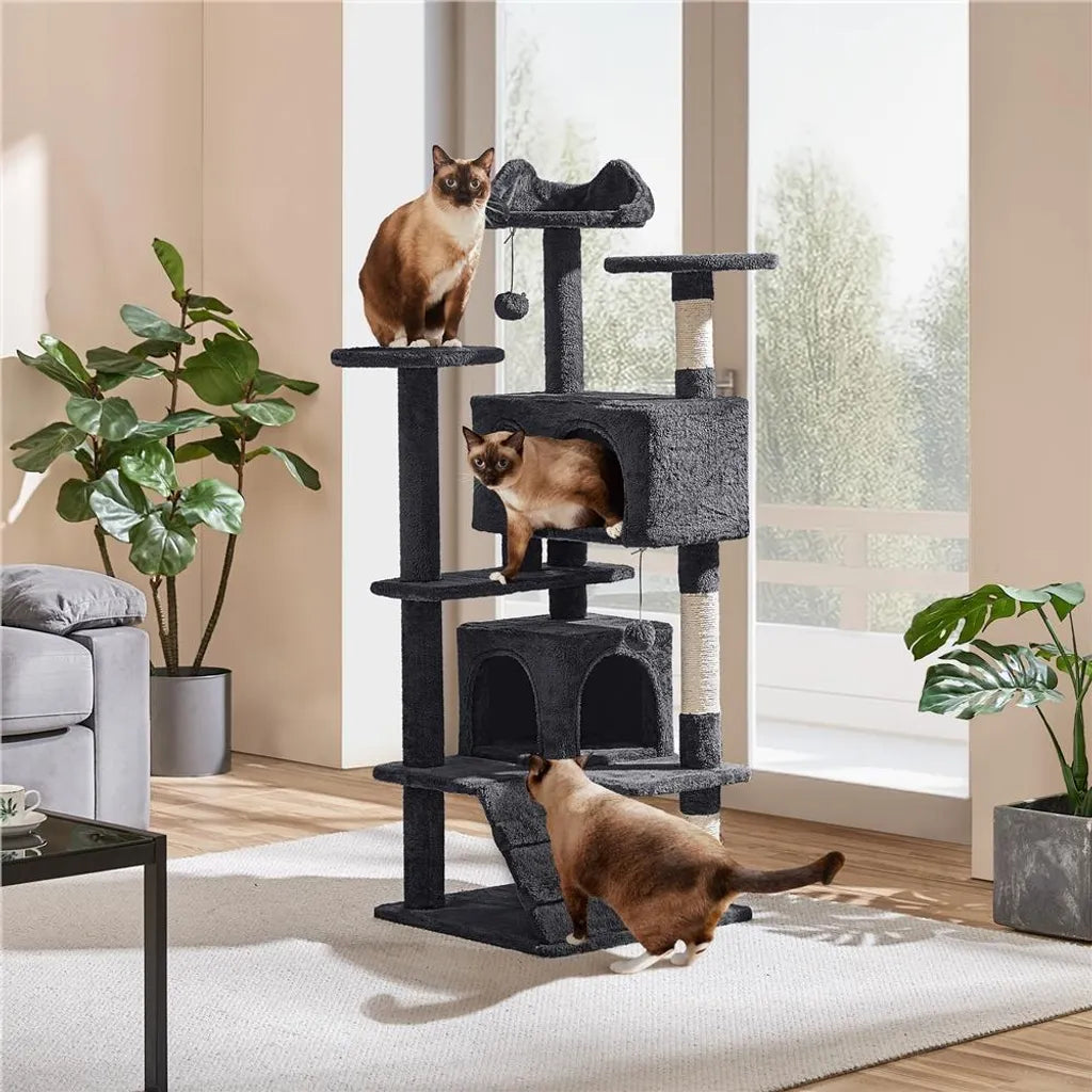 Yaheetech Katzenkratzbaum 139 cm hoch - 3 Aussichtsplattformen - 2 kuschelige Katzengehege - Schwarz