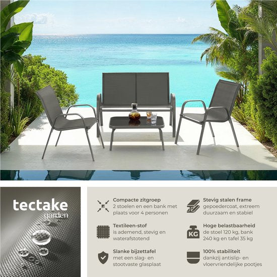 tectake® Gartenset Nora - Moderne Sitzgruppe für 4 Personen - Loungeset mit Gartensofa und 2 Gartenstühlen aus atmungsaktivem, wasserabweisendem Textilgewebe - Balkonset mit Beistelltisch - Luxuriöses Gartenmöbel-Set - Anthrazit