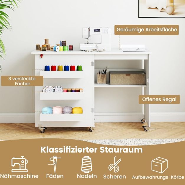 Coast Nähtisch Weiß - Zusammenklappbarer Basteltisch auf Rädern mit Stauraum und 3 versteckten Fächern - 118,5 x 40 x 79,5 cm