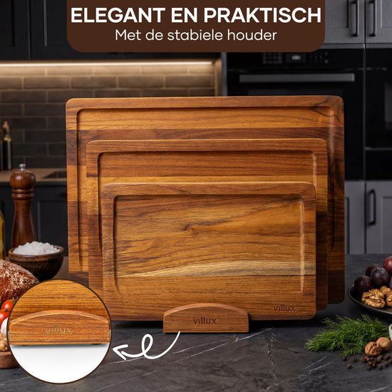 Villux Schneidebrett – Schneidebrett-Set mit Halterung – Schneidebrett aus Holz – Schneidebretter – Schneidebrett aus Teakholz – Holz-Schneidebrett – Schneidebrett-Set – Tapas-Brett - Snackbrett – Servierbrett – Häppchenbrett – Inklusive E-Book – 3 Stück
