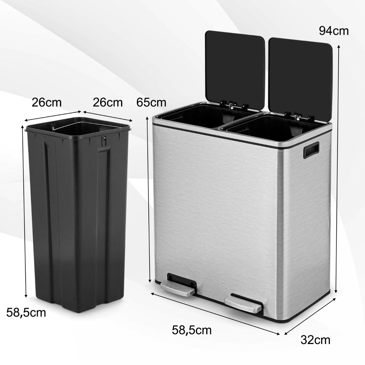 Coastal Double Waste Bin - 2x30L - Herausnehmbarer Inneneimer - Edelstahl - 58,5 x 32 x 65 cm - Silber