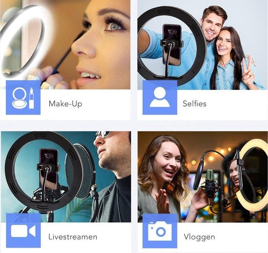 LifeGoods Ringlampe - LED - mit Stativ und Fernbedienung - Smartphone-Halterung - Schwarz