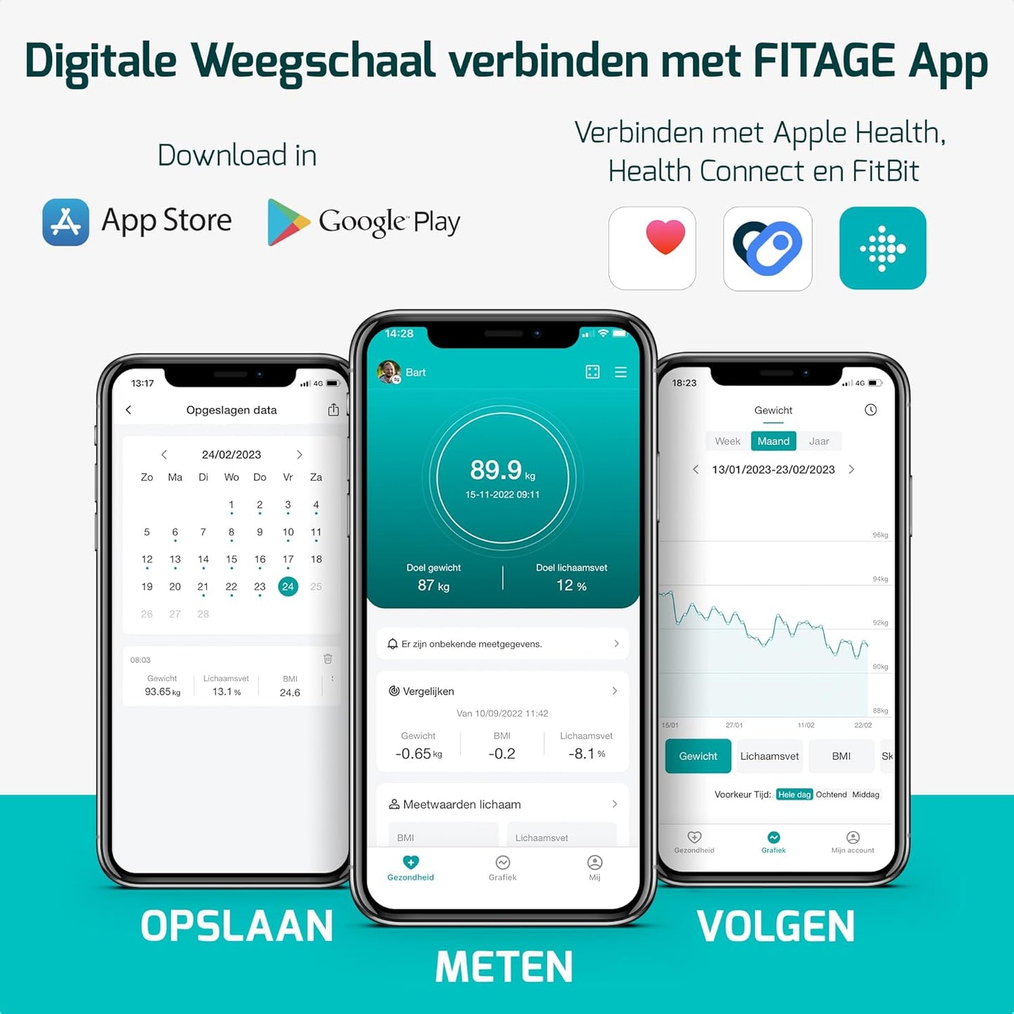 Fitage Digitale Personenwaage Intelligente Körperanalyse - 17 Messwerte - App-Verknüpfung - 180 kg - 28 x 28 cm - Schwarz