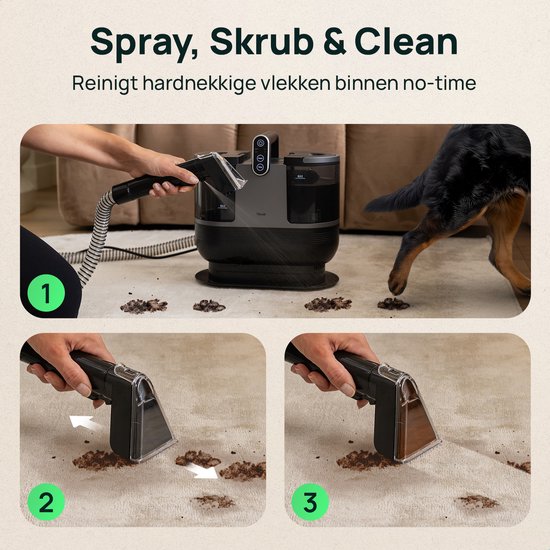 Skrub 4 in 1 Kompakt-Teppichreiniger mit Heißwasser - Beheizt bis 60°C - Fleckenreiniger - 4 Aufsätze - 1200 Watt - Sofa-Reinigungsmaschine