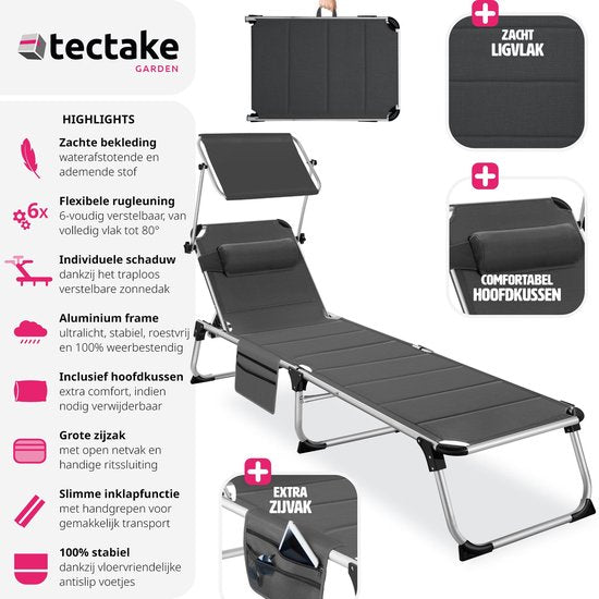 tectake - Sonnenliege gepolstert, klappbar - grau - 220 x 60,5 x 34 cm, mit Seitentasche
