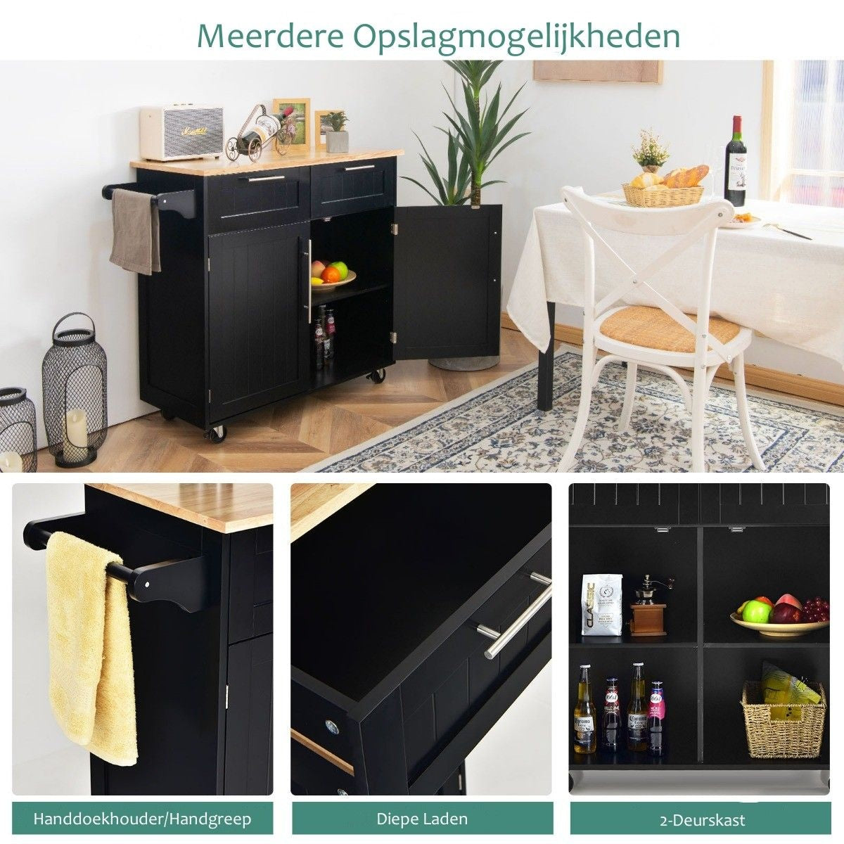 Coast Küchenwagen - mit Rollen - Schubladen und Schränke - 94 x 45,5 x 94,5 cm - schwarz