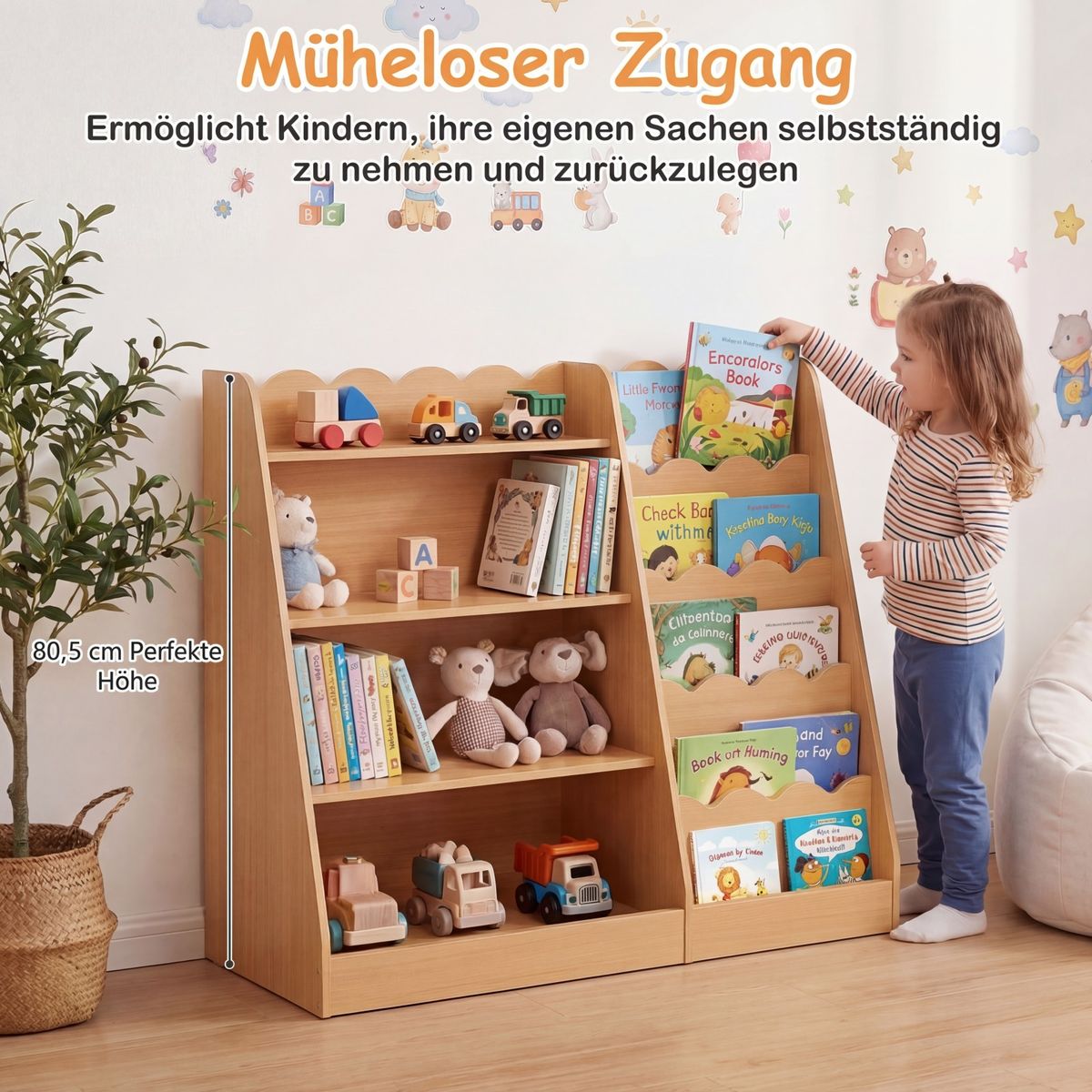 Coast Kinderbücherregal – 4 offene Fächer – verstecktes Staufach – Holz – naturfarben