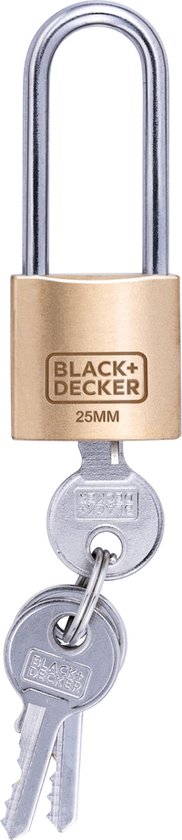BLACK+DECKER Vorhängeschloss - 25mm - Langer Bügel - Inkl. 3 Schlüssel - Massivmessingschloss