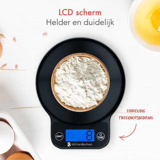 KitchenBrothers Küchenwaage - Waage Küche Digital - 1 g bis 6 kg - Tara-Funktion - Batterien enthalten - Schwarz