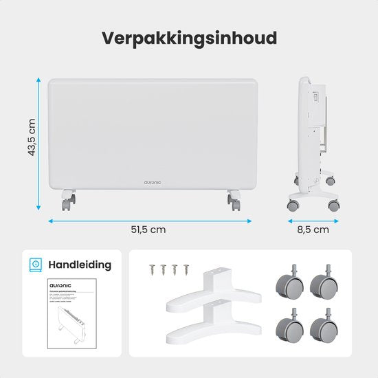 Auronic Konvektorheizung - 2000W - Elektroheizung - 3 Stufen - Metallheizkörper - Freistehend - Räder - Weiß