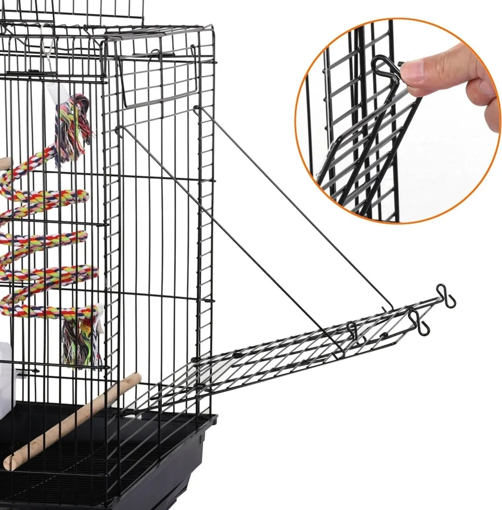 Yaheetech Vogelkäfig mit Spielzeug und aufklappbarem Dach – Schwarz – 40 x 40 x 58 cm