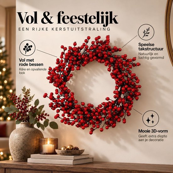 Mica Decorations Weihnachtsdekoration mit roten Beeren – Weihnachtskranz für weihnachtliche Stimmung im Haus – Ø 50 cm aus Schaumstoff – Türkranz für den Innenbereich in der Weihnachtszeit – Rot