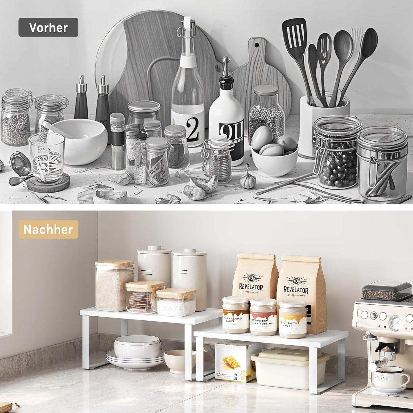 WOLTU Scaffalature Gewürzregal Set 2 Stück - stapelbarer Küchenregal-Organizer - weißes MDF und Metall