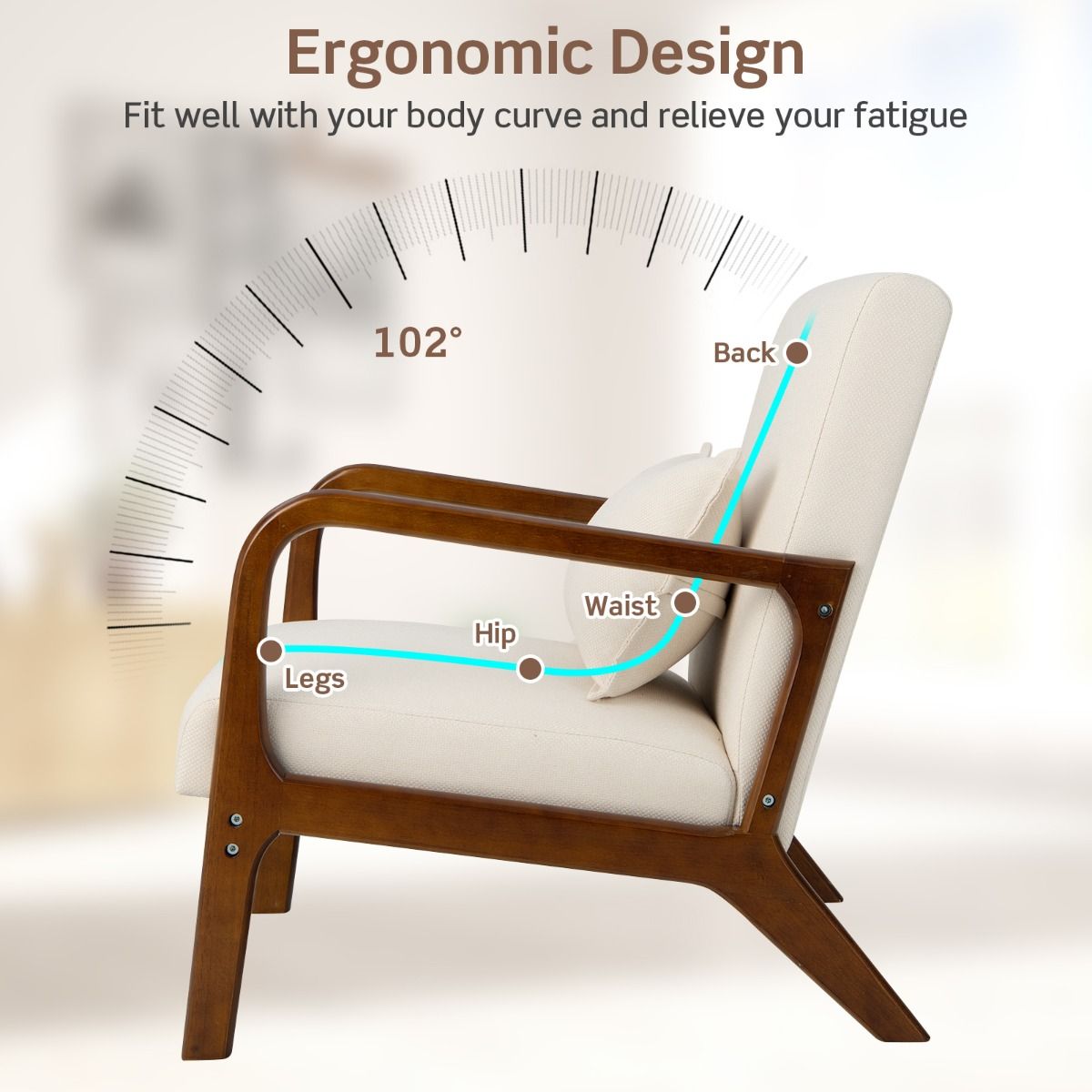 Coast Sessel Lounge Chair gepolstert mit Armlehnen, Rubberwood, Beige, 65 x 79 x 77 cm