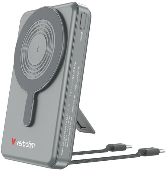 Verbatim Powerbank 10.000 mAh „Charge N Go“ mit magnetischem Ständer, kabellosem Laden und TFT-Display