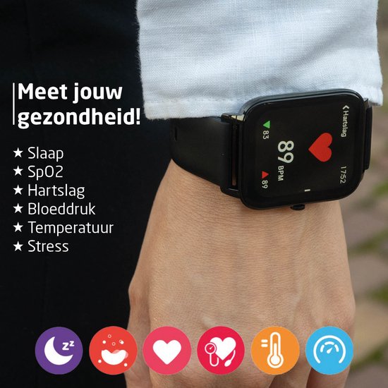 BREND Smartwatch für Frauen und Männer - Schrittzähler, Blutdruckmesser und Herzfrequenzmesser - Sportuhr - wasserdicht - schwarz