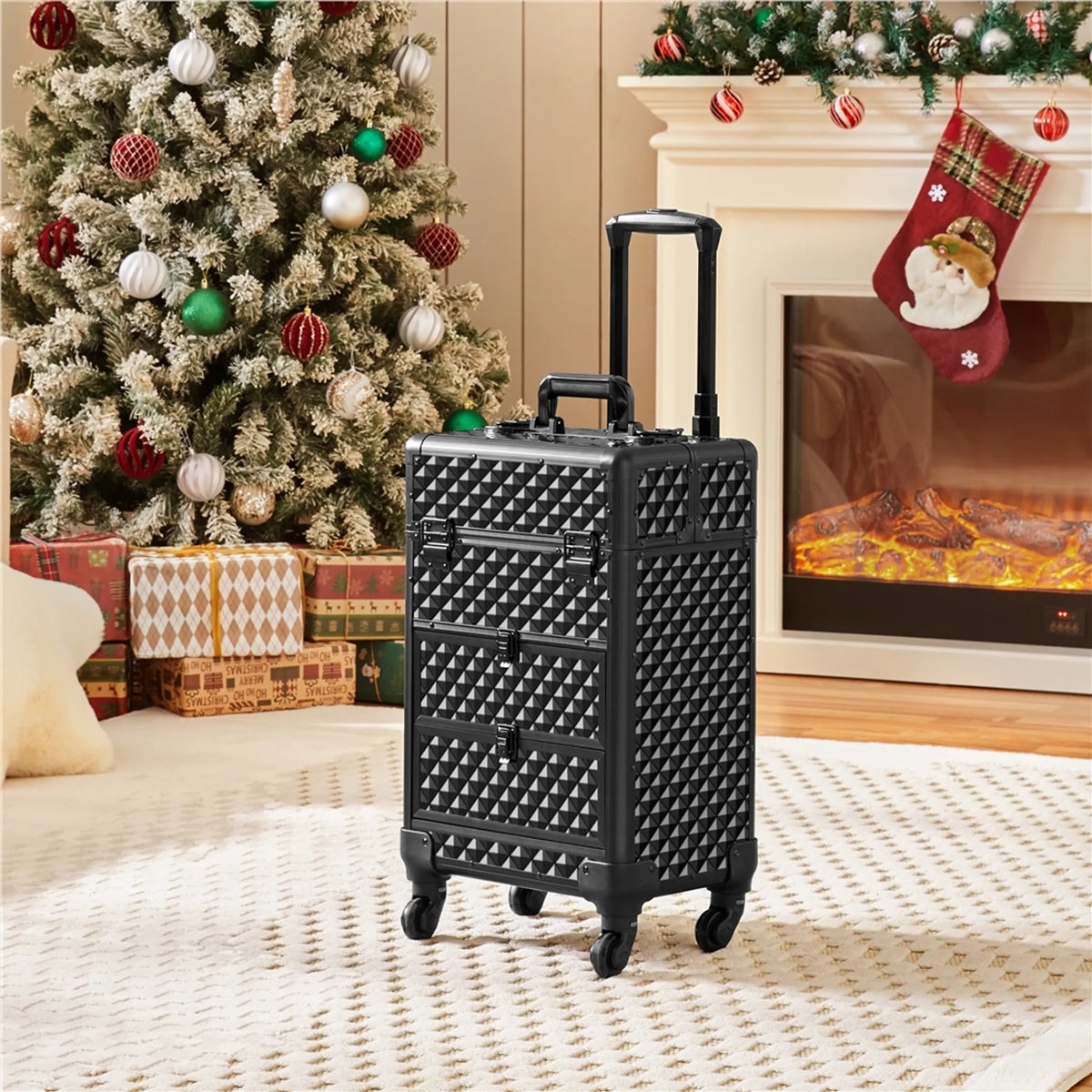 Yaheetech Schminkkoffer auf Rädern - mit 2 Schubladen und ausziehbarem Griff und rautenförmiger Dekoration - für Kosmetikerinnen und Nageltechnikerinnen - schwarzes Metall und MDF - 34,5 x 24,5 x 58 cm