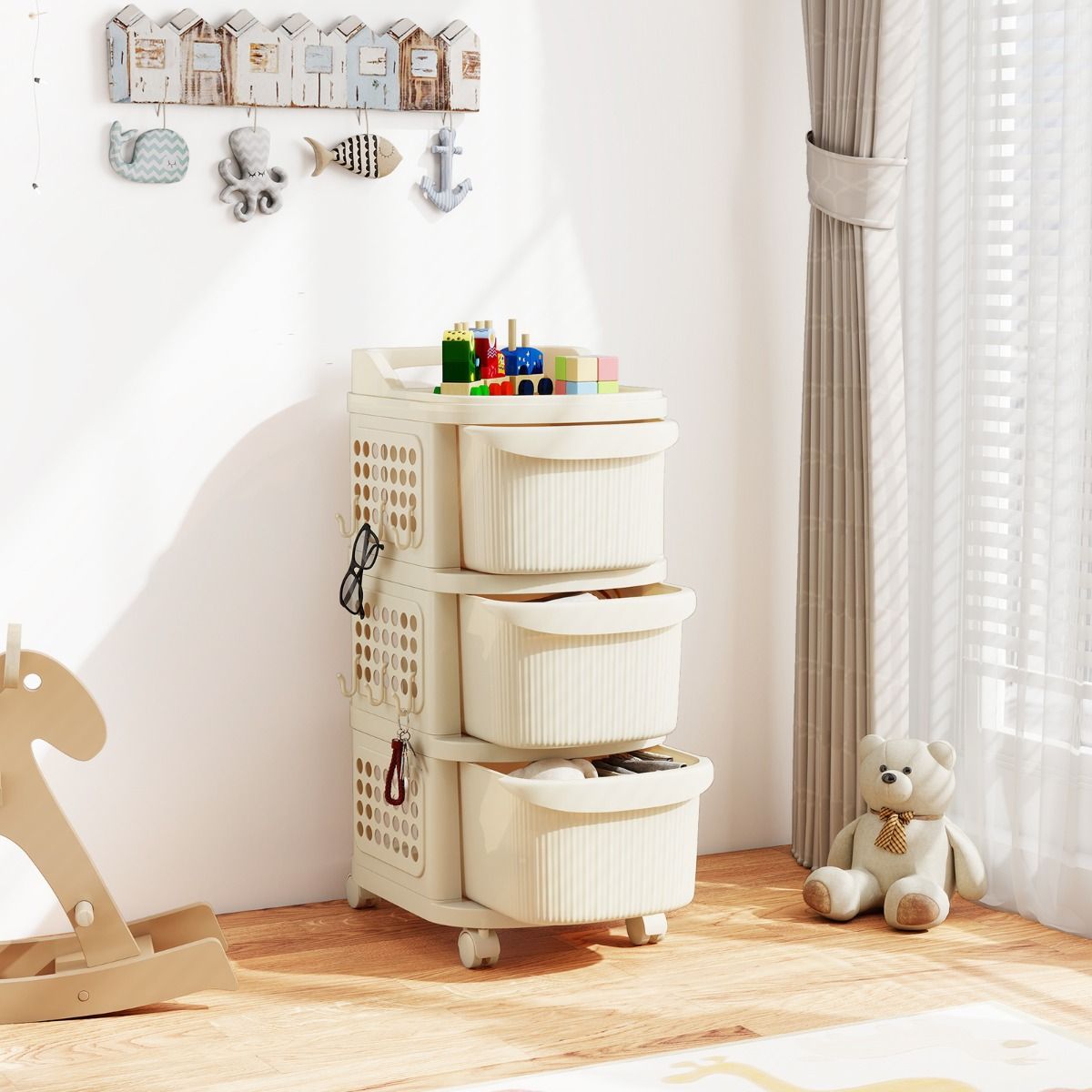Coast Aufbewahrungswagen auf Rädern – 3 Schubladen – mit Haken – Weiß 38 x 32 x 68 cm