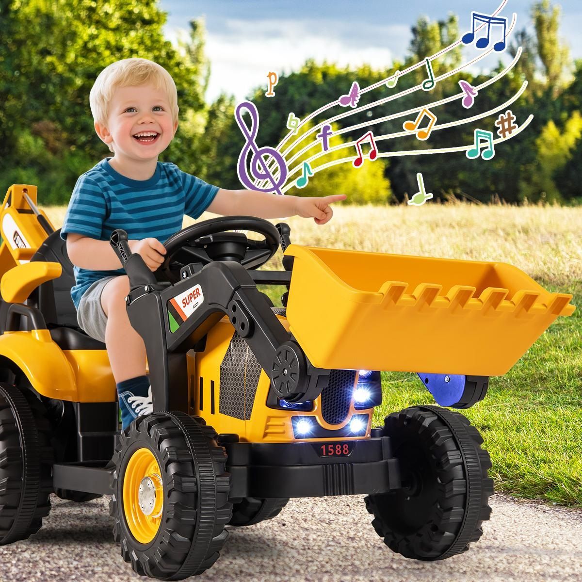 Coast Elektrischer Kindertraktor mit Anhänger – Bagger und Schaufel – Fernbedienung – Gelb
