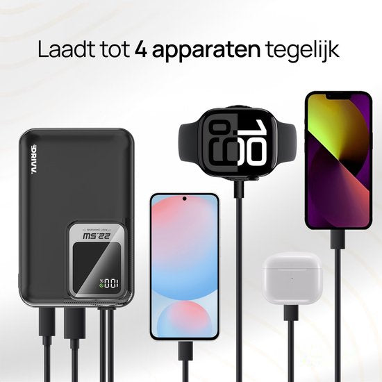 Drivv. Powerbank 20.000 mAh – Mit integriertem 8-Pin- und USB-C-Kabel – Inklusive 60-W-Ladekabel – 22,5-W-Schnellladefunktion – USB / USB-C – Notfallpaket