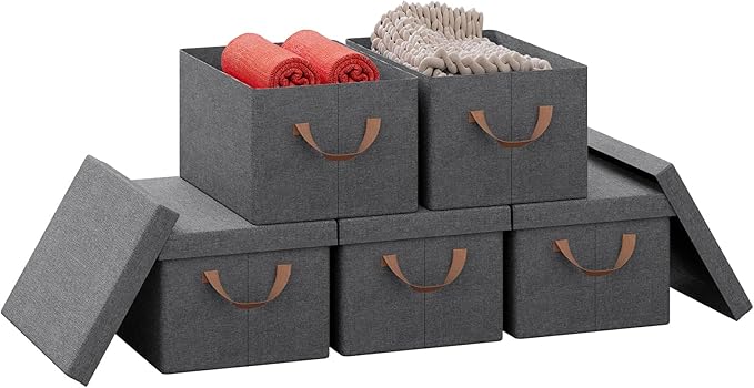 WOLTU Aufbewahrungsbox mit Deckel - Set mit 5 Aufbewahrungsboxen - zusammenklappbar - grau - 38 x 27 x 20 cm