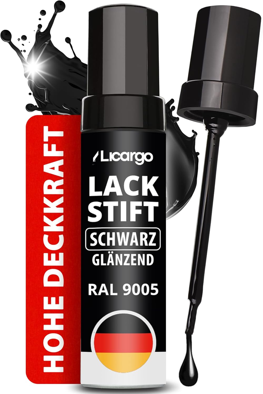 Licargo Lacquer Stick Car Black Gloss 12 ml - Präzisionspinsel - Schnell trocknende Reparatur von Kratzern und Steinschlägen