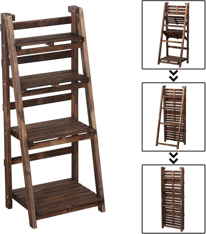 Yaheetech Pflanzenregal, 4-stöckig, zusammenklappbar – Braun – Blumenregal aus Holz für drinnen und draußen