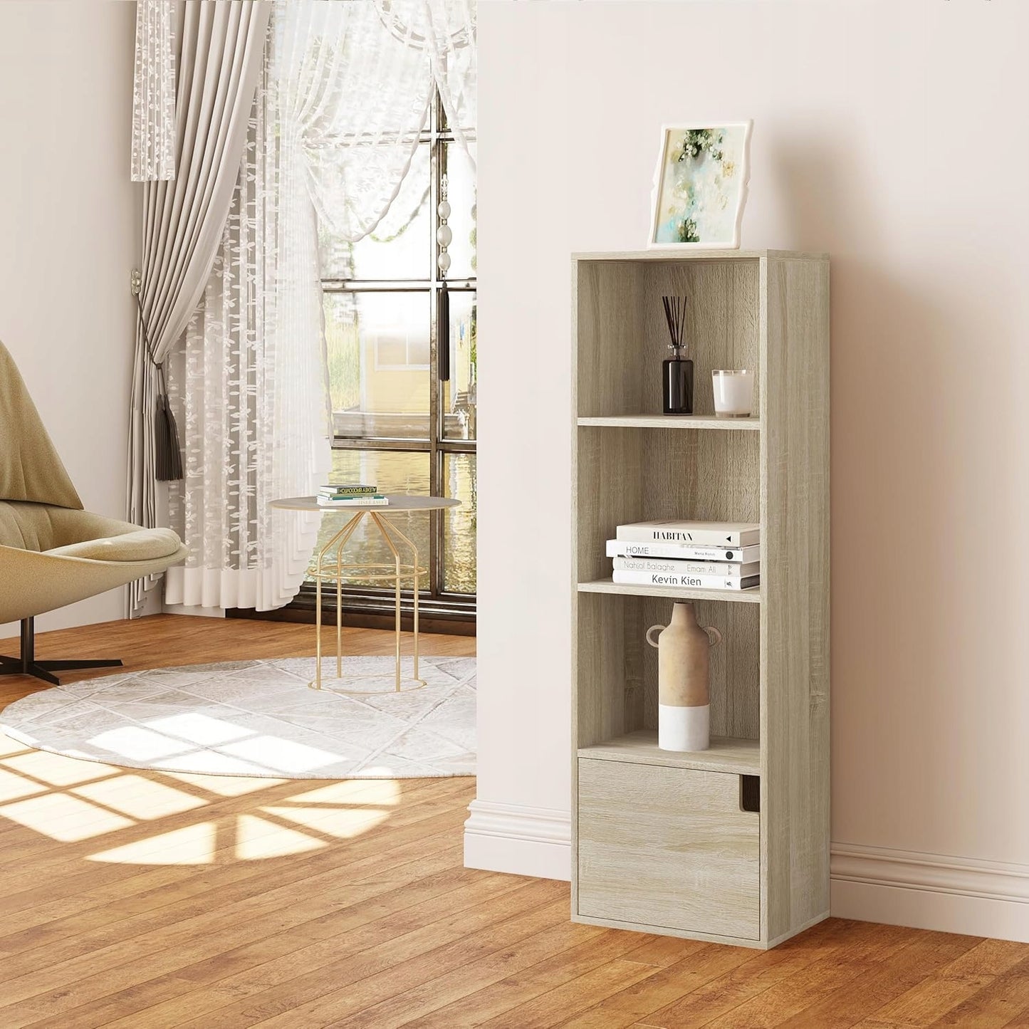 Woltu Schmaler Bücherschrank mit Tür – Helles Eiche – 34 x 106 x 24 cm