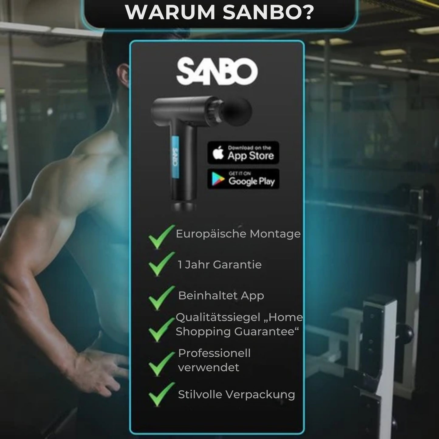 Sanbo Massage Gun Prime - Sport- und Entspannungsmassage - Profi - Inklusive Etui & App - Massagegerät - Fitness - Schwarz/Blau