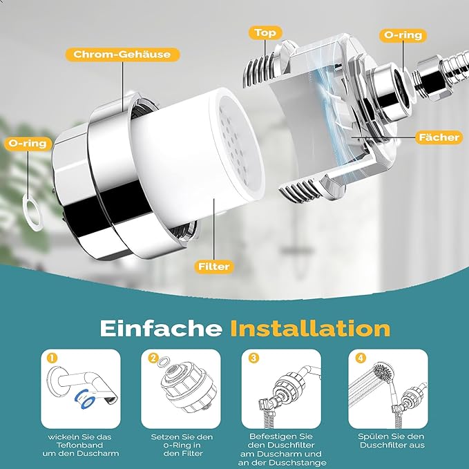 Essible 15-Stufen-Duschfilter - mit Vitaminen C und E - Edelstahl-Wasserfilter für Duschkopf - gegen Kalk, Chlor und Fluorid**