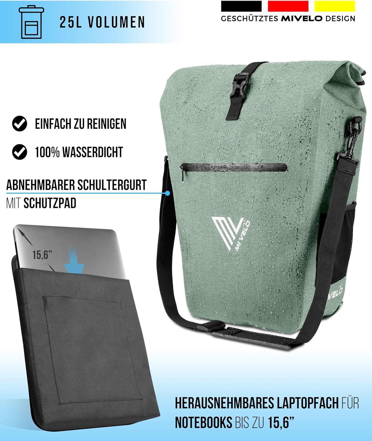 MIVELO Packtasche - Wasserdicht - 25L - Mit Laptopfach und Schultergurt - Mint
