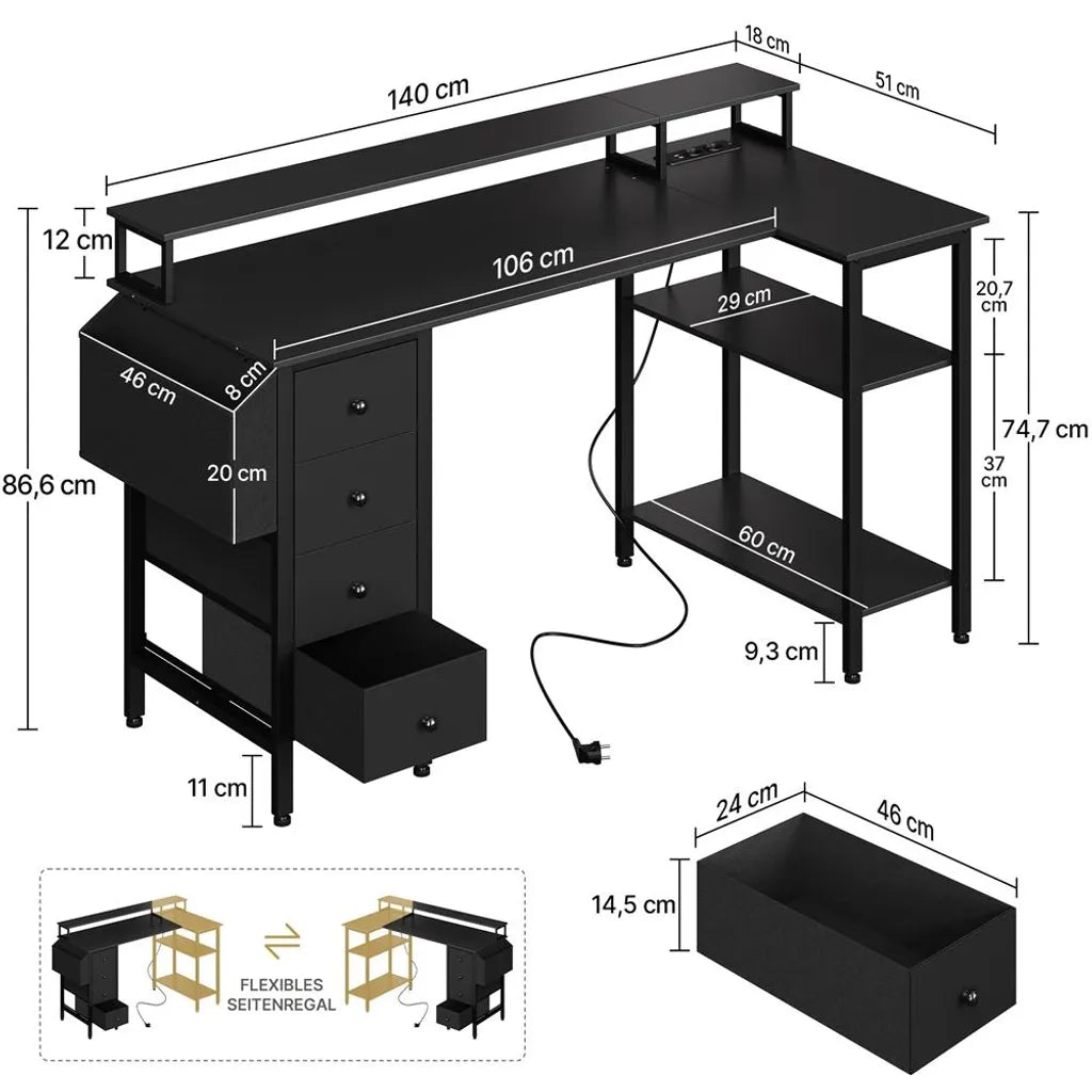 Yaheetech L-förmiger Schreibtisch 140 × 68 × 87 cm - Schwarz - Gaming-Schreibtisch mit Ladestation, Monitorständer und Ablagefläche