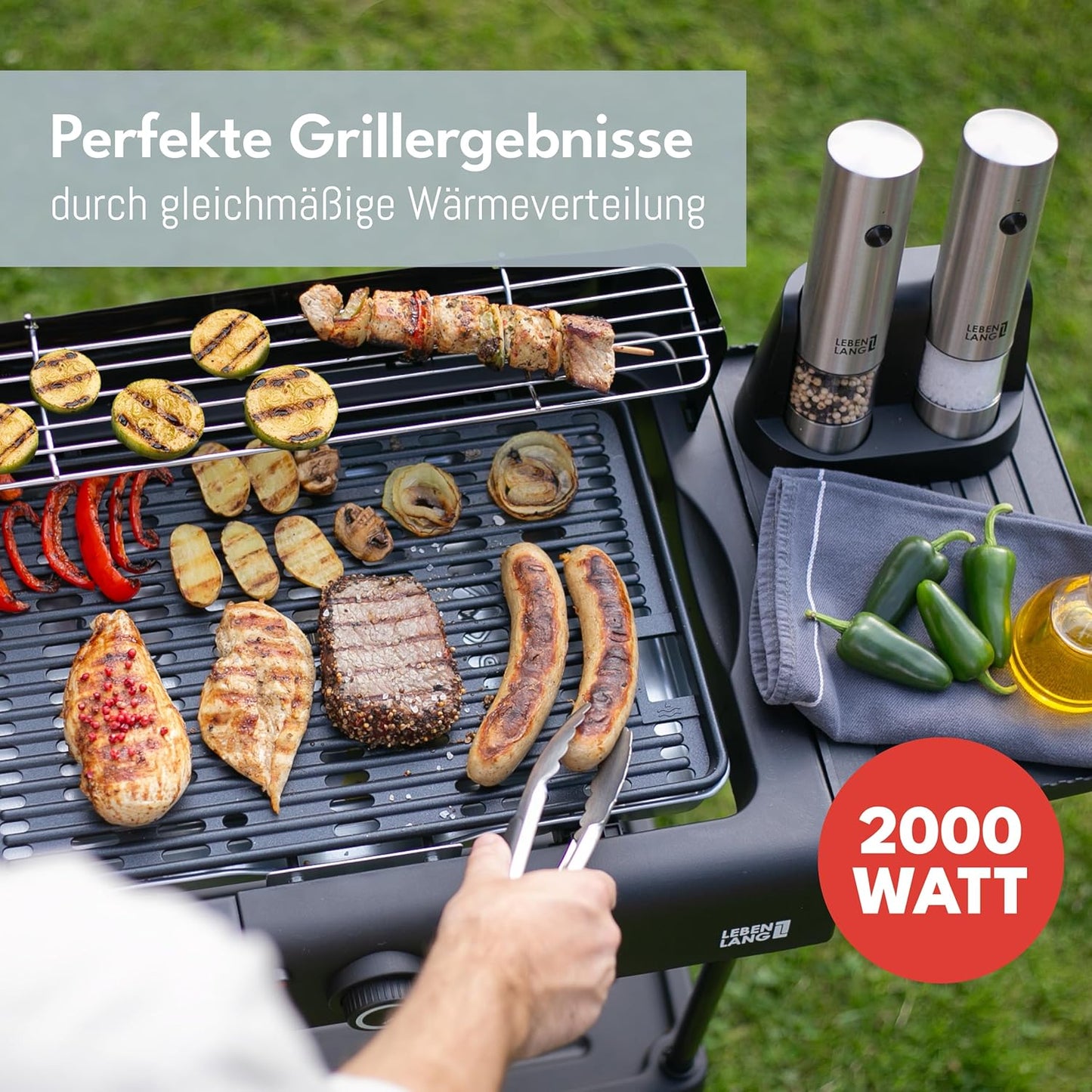 Lebenlang 2-in-1-Elektrogrill - Tisch- und Standgrill - 2000W - Für drinnen und draußen - Inklusive Grillzange - Antihaftbeschichtung