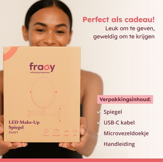 Fraay® Make-up-Spiegel - Mit LED-Beleuchtung - 10-fache Vergrößerung - Wiederaufladbar - Rasierspiegel - Badezimmerspiegel - Schwarz