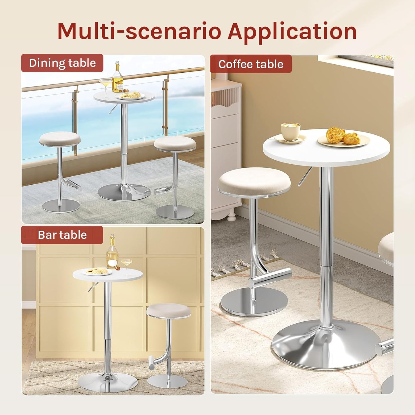 WOLTU Verstellbarer Bartisch – Ø 52 cm – Höhe 70–91 cm – drehbar – Chromfuß Ø 45 cm