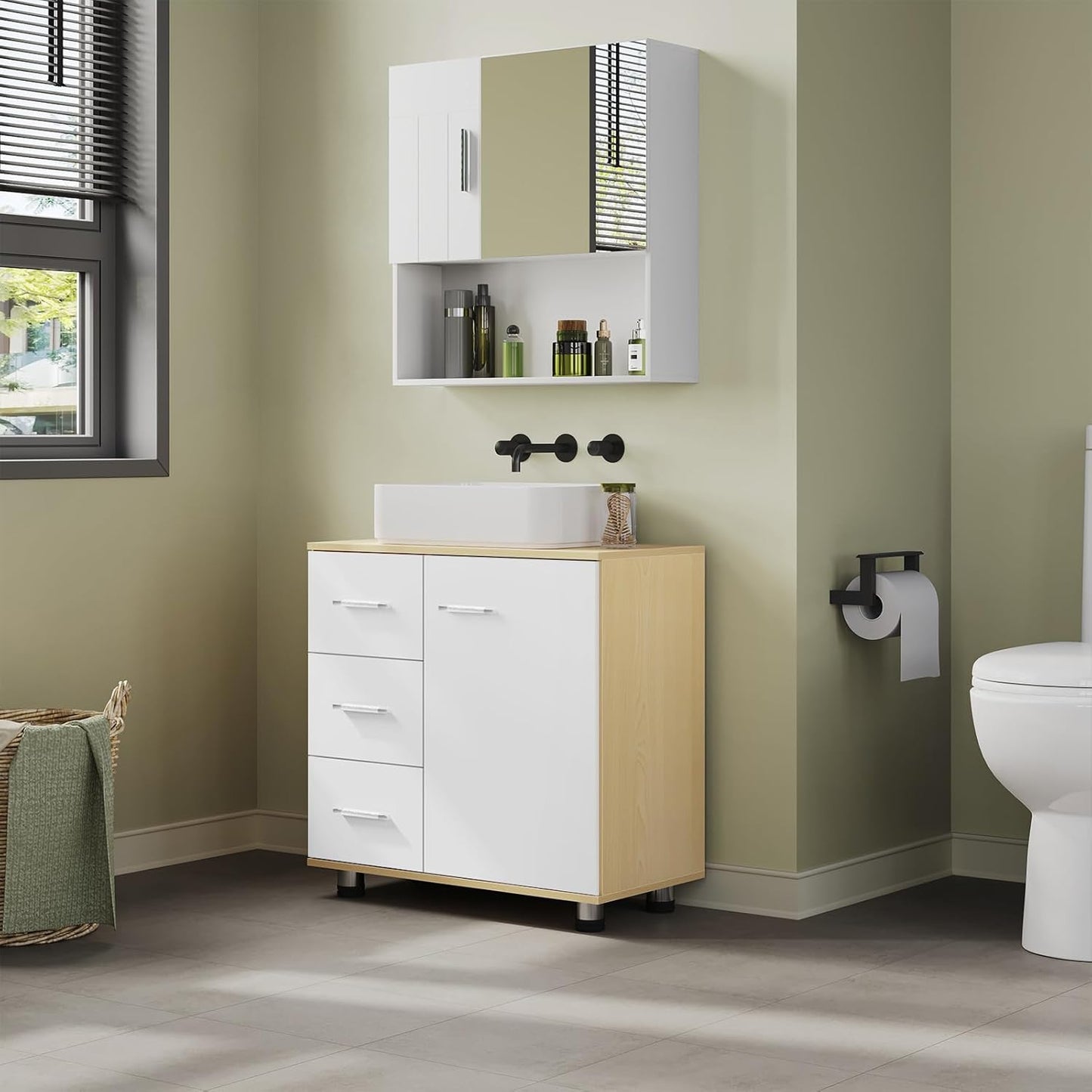 Eugad Badezimmerschrank Weiß/Helle Eiche – 60 x 60 x 30 cm – 3 Schubladen – Verstellbares Regal