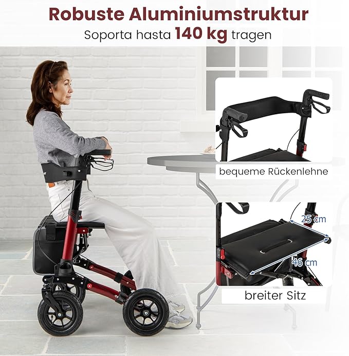 Coast Faltbarer Rollator Rot - Leichter 2-in-1-Reiserollator mit Sitz und Luftbereifung - 62 x 82 x 81,5-97 cm
