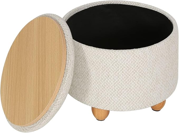 WOLTU Stauraumhocker - runder Hocker mit Deckel - Leinen cremeweiß - 39 x 33 cm - Holzbeine
