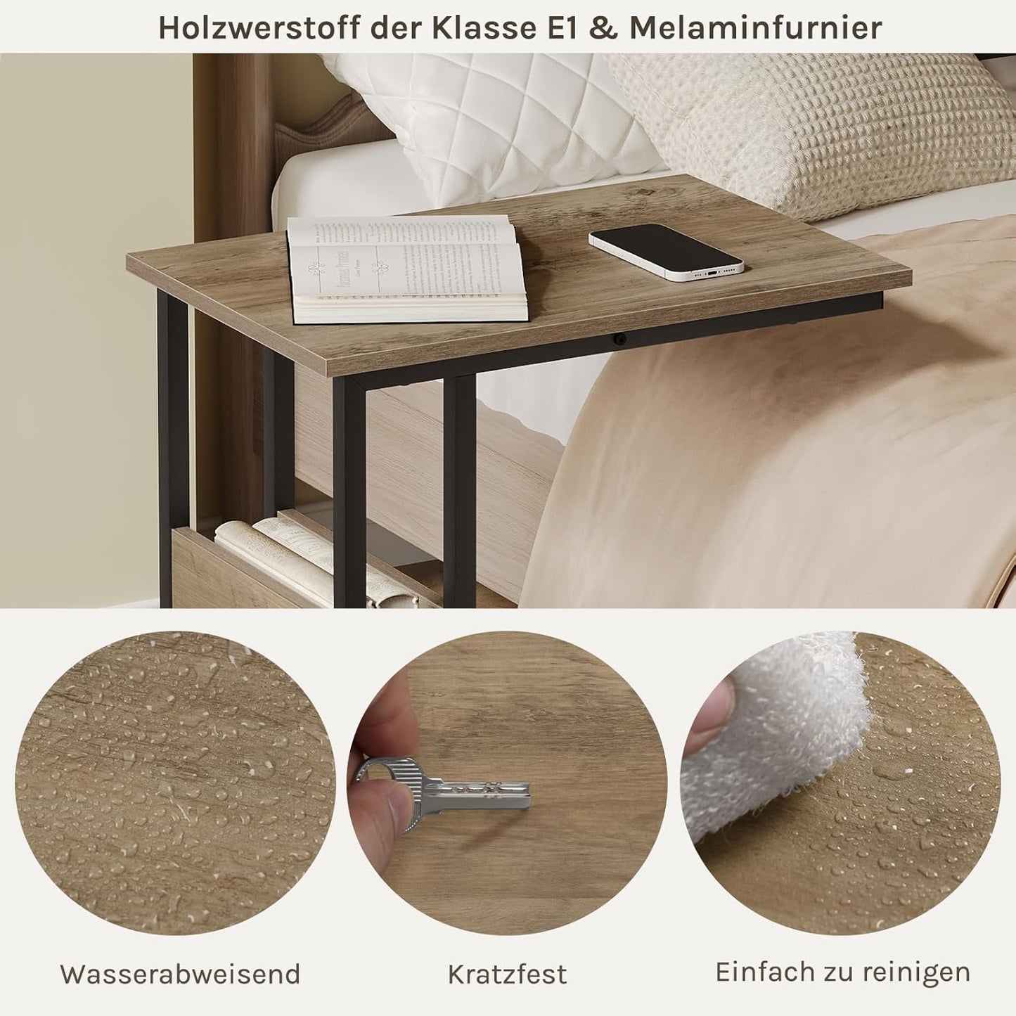 Woltu C-förmiger Beistelltisch mit Ablagegestell – graue Holzoptik – Metall – 55 x 36 x 59,5 cm