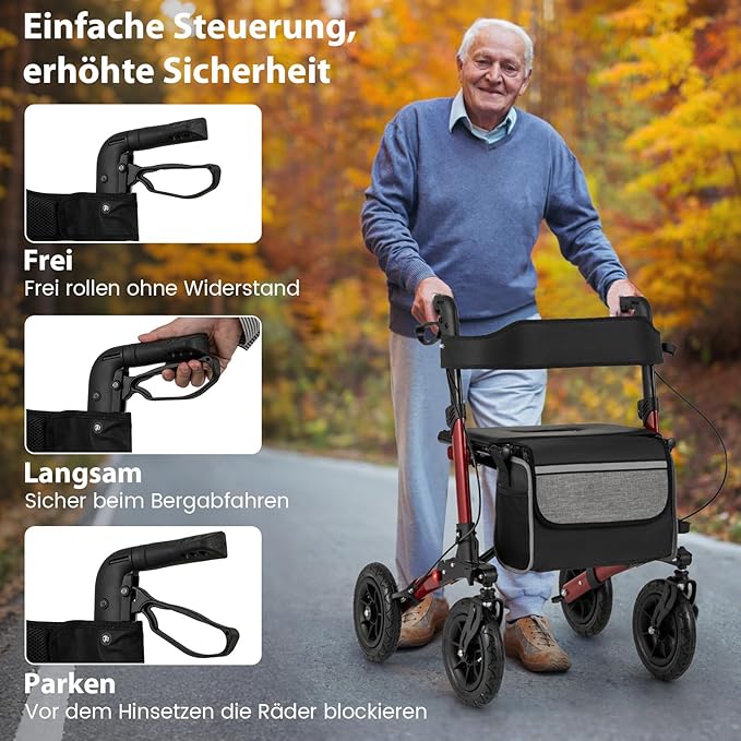 Coast Faltbarer Rollator Rot - Leichter 2-in-1-Reiserollator mit Sitz und Luftbereifung - 62 x 82 x 81,5-97 cm