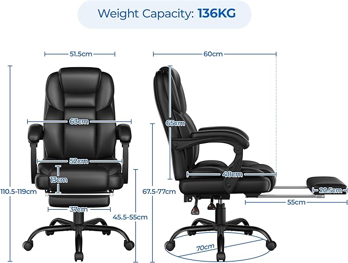 Yaheetech Bürostuhl mit Fußstütze - Schwarz - Ergonomischer Chefsessel mit verstellbarem Rücken und Armlehnen