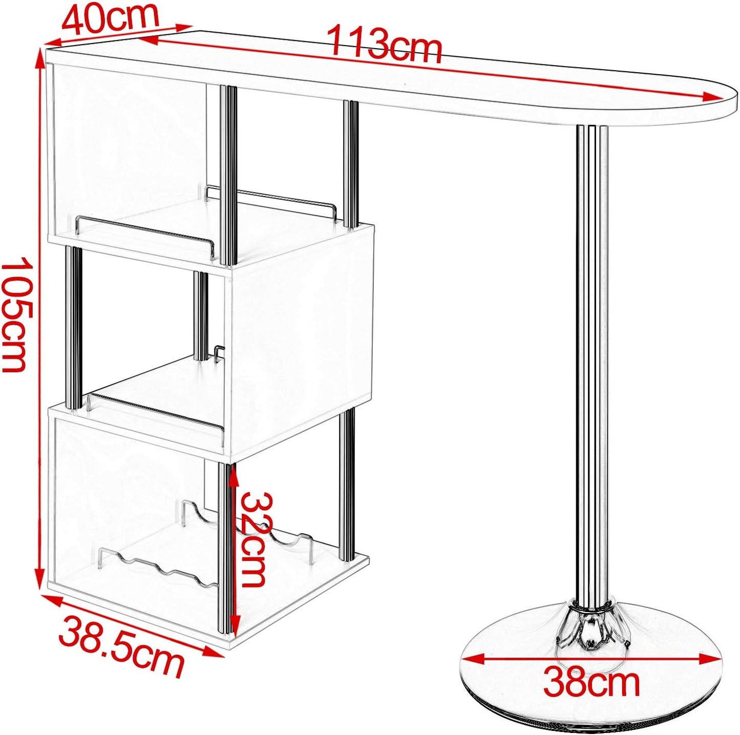 Woltu Bartisch mit Flaschenhalter und 3 Ablagen - Weiß - 113x40x105 cm