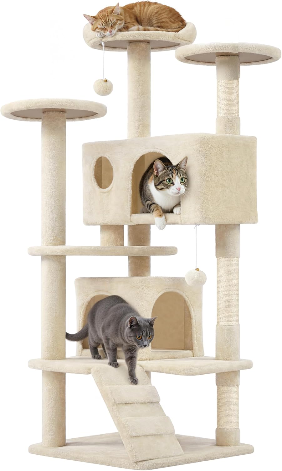 Yaheetech Katzenkratzbaum 137 cm - Beige - 49 x 49 x 137 cm - Mit 2 Häuschen, 3 Tellern und Sisal-Spielbällen